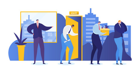 Job loss people vector illustration. Boss dismissed sad man work, crisis professional career manager, stress, depression. Unhappy person fired, sadness, carry box. Employee leaving office.