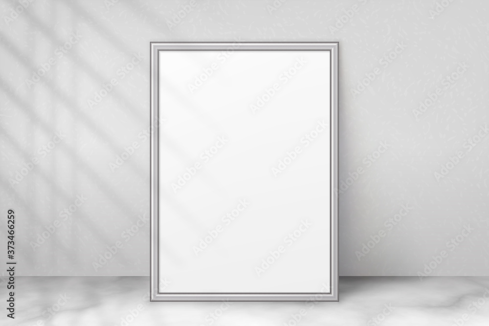 Poster mockup poster in frame with shadow blinds from window. mock up framed sheet paper. white empty blank