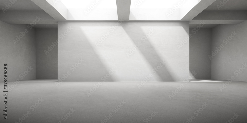 Poster 3D render of empty concrete room with shadow on the wall.