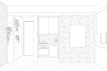 Sketch of the interior of a room with beams and a column, with a vertical poster on a brick wall, with a tiled floor, with plants on shelves. There is the kitchen in the background. 3d render