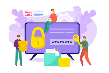 Lock security by password key in computer, web internet protection for flat information safety vector illustration. Online data secure technology concept, digital network system access.