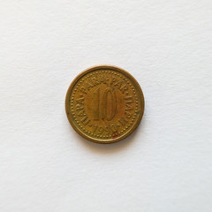 The front of the ten para coin, the dinar was divided into 100 para, currency of the Socialist Federal Republic of Yugoslavia, issued in 1990.