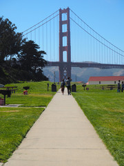 San Francisco, California - 7th June 2019 - People walking towards the Golden Gate