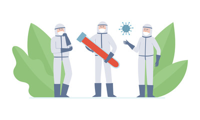 Vector illustration of doctors - scientists, coronavuris and tube with blood