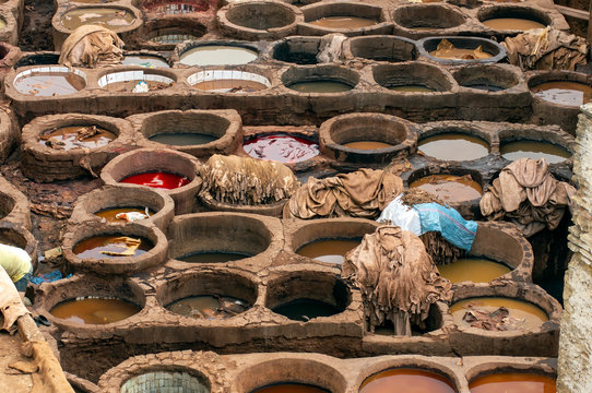 Dye vats of tannery in the medina, Fes, Morocco