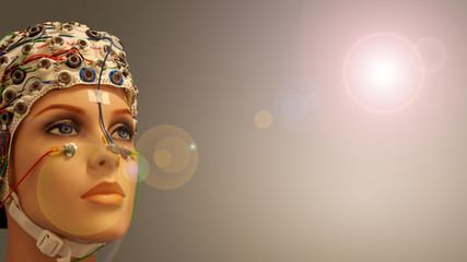 Face of beautiful woman manikin with a EEG hat under experimental recording of brain activity at...