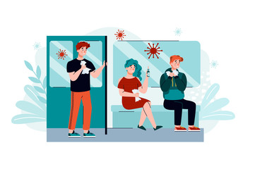 Coronavirus germs on subway train - sick people riding metro with virus bacteria floating around in air. Vector illustration of public transportation with COVID 19 danger