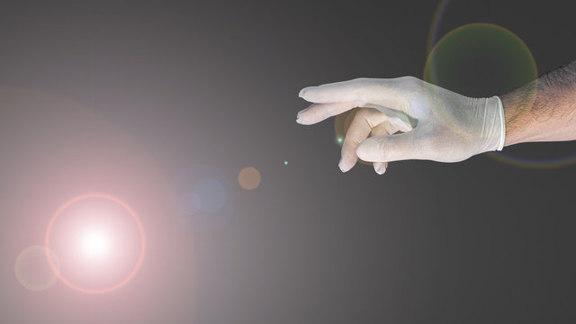 Futuristic Banner With A Hand In Medical Glove Trying To Touch Something As Design Concept With Copy Space For Text At Gradient Grey Background And Lens Flare, Details