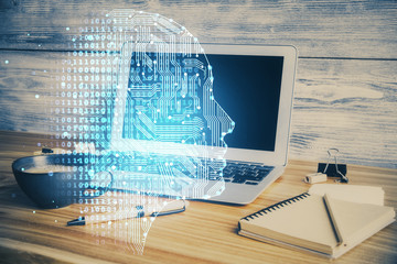 Double exposure of desktop computer and human brain drawing hologram. Ai concept.