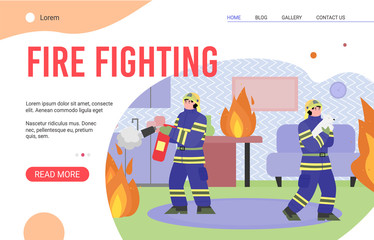 Fire fighting services and forces website page template with firefighters extinguish fire in house, flat cartoon vector illustration. Landing page for fighter and rescue.