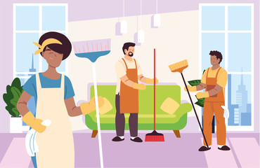 woman and men in cleaning service at windows