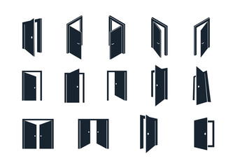 Door icons vector set, flat and 3d dimensional styles symbols, big collection.