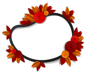 Background with flowers and autumn leaves paper cut style, copy space for text, vector fall floral illustration. Wedding invitation or romantic greeting card.