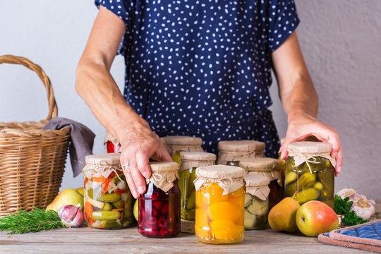 Homemade Preserved, Fermented Food, Pickled, Marinated Vegetables, Fruit Compote