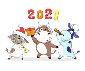 Three little cows symbol 2021 vector cartoon illustration