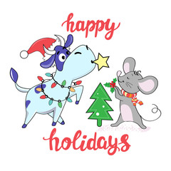 Vector cartoon cow and mouse decorate the Christmas tree. Symbol of the year 2020 and 2021