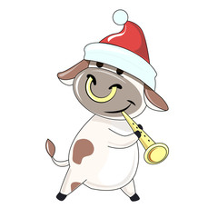 Vector cartoon cow plays the flute in a santa hat. Symbol 2021