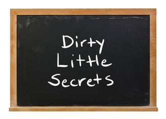 Dirty little secrets written in white chalk on a black chalkboard isolated on white