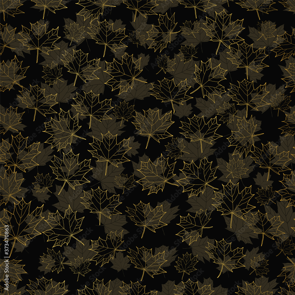 Wall mural seamless pattern with outline fall leaf, abstract golden leaf texture on black background design