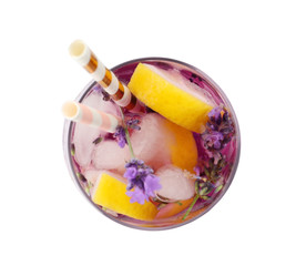 Fresh delicious lemonade with lavender and straws isolated on white, top view
