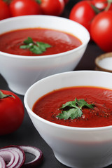 Two plates with gazpacho - traditional Spanish tomato soup