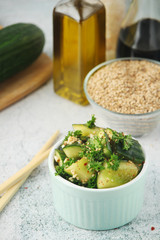 Smashed cucumbers salad, a dish of national Chinese cuisine