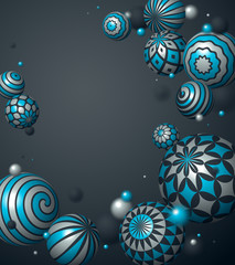 Abstract spheres vector background, composition of flying balls decorated with patterns, 3D mixed variety realistic globes with ornaments, with blank copy space.