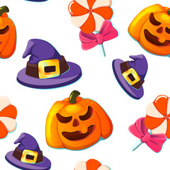 Halloween seamless pattern vector illustration isolated on white background, hat, candy, pumpkin