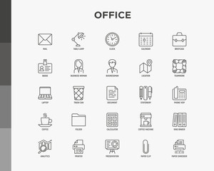 Office related thin line icons set: mail, table lamp, clock, calendar, briefcase, badge, location, teamwork, analytics, printer, paper shredder, laptop, presentation. Vector illustration.