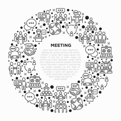 Obraz premium Meeting concept in circle with thin line icons: speaker, communication, collaboration, teamwork, brainstorm, online meeting, conference, presenter, business agreement, interview. Vector illustration.