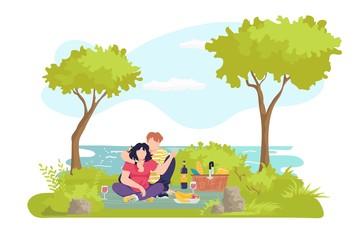 Obraz na płótnie Canvas Picnic at summer nature, man woman in love vector illustration. Couple at park together, happy people character at outdoor cartoon grass. Young fmily lifestyle, romantic weekend date with food.