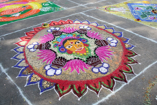 Close-up view of Indian Hindu religious Rangoli drawing on floor of temple,house and other important places