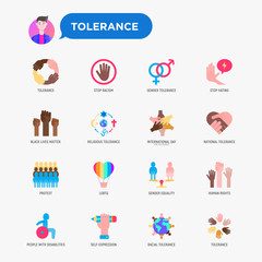 Tolerance flat icons set: stop racism, gender equality, black lives matter, protest, human rights, LGBTQ, globalization, self-expression, stop hating. Vector illustration.