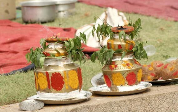 View of Bonam, food offering to Indian Hindu Goddess Durga, during Bonalu festival