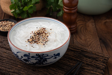 space pure noodle Vietnam with three colour quinoa on wood food background