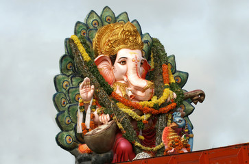 View of Indian Hindu God Ganesha Idol ,being transported for immersion in water bodies,at the end...