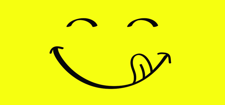Mmm Yummy smile with tongue lick mouth World smile day or month Food logo Smiling everyday Funny vector laugh cartoon sign Delicious, tasty eating emoji lip face Emotion smiley lips symbol licking