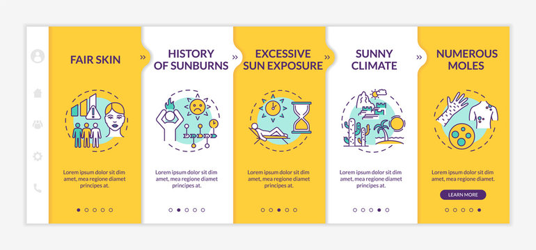 Skin cancer risk factors onboarding vector template. History of sunburns. Excessive sun exposure. Responsive mobile website with icons. Webpage walkthrough step screens. RGB color concept