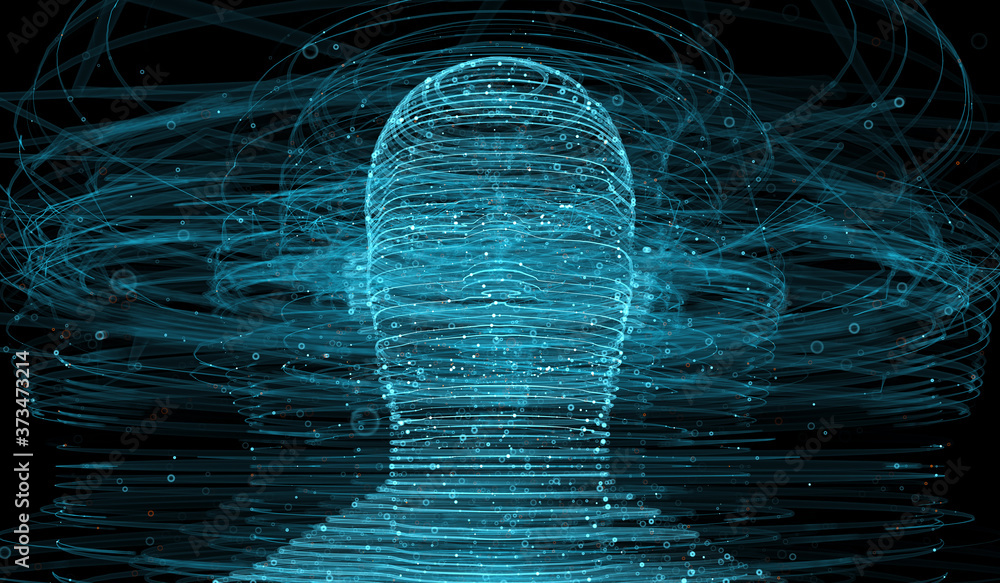 Poster 3d render of abstract figure made of lines. complex technology background. human head surrounded wit