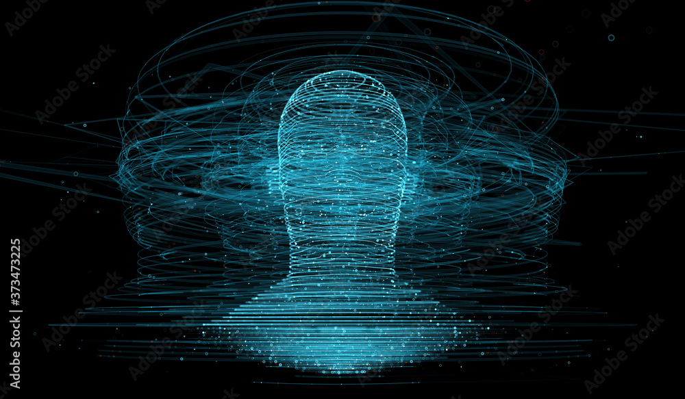 Poster 3d render of abstract figure made of lines. complex technology background. human head surrounded wit