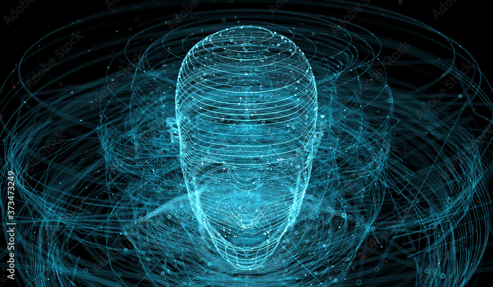Poster 3d render of abstract figure made of lines. complex technology background. human head surrounded wit