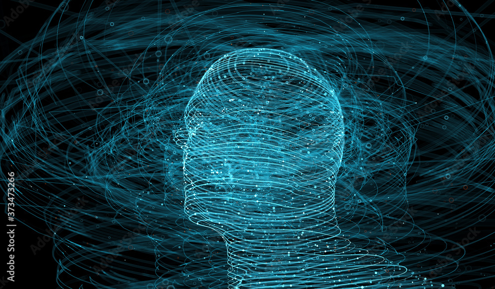 Poster 3d render of abstract figure made of lines. complex technology background. human head surrounded wit