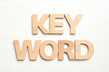 Word KEYWORD made of wooden letters on white background, flat lay