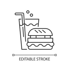 Fast food linear icon. Eating area in water park thin line customizable illustration. Contour symbol. Takeout service. Fizzy drink and hamburger vector isolated outline drawing. Editable stroke