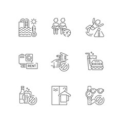 Aqua park linear icons set. Waterpark service and restrictions. Active rest customizable thin line contour symbols. Swimming pool rules. Isolated vector outline illustrations. Editable stroke