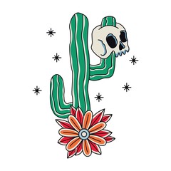 skull and cactus tattoo cartoon design illustration
