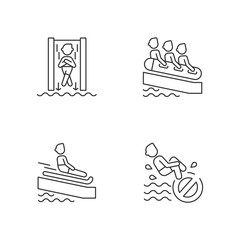 Waterslide types linear icons set. Speed slide, family rafting, swimming mat and no bomb jumping customizable thin line contour symbols. Isolated vector outline illustrations. Editable stroke