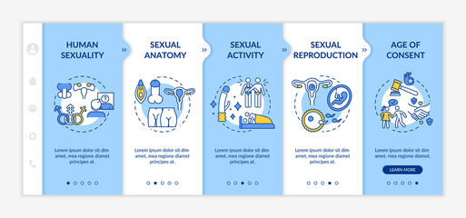 Healthy sex life onboarding vector template. Anatomy and biology. Sexual reproduction. Age of consent. Responsive mobile website with icons. Webpage walkthrough step screens. RGB color concept