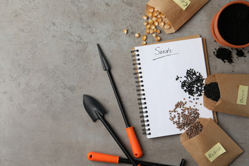 Vegetable seeds, notebook and gardening tools on grey table, flat lay. Space for text