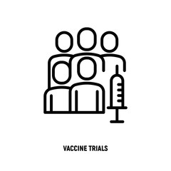 Vaccine trials thin line icon. Group of people and syringe. Testing, development, engineering of medicament. Vector illustration.